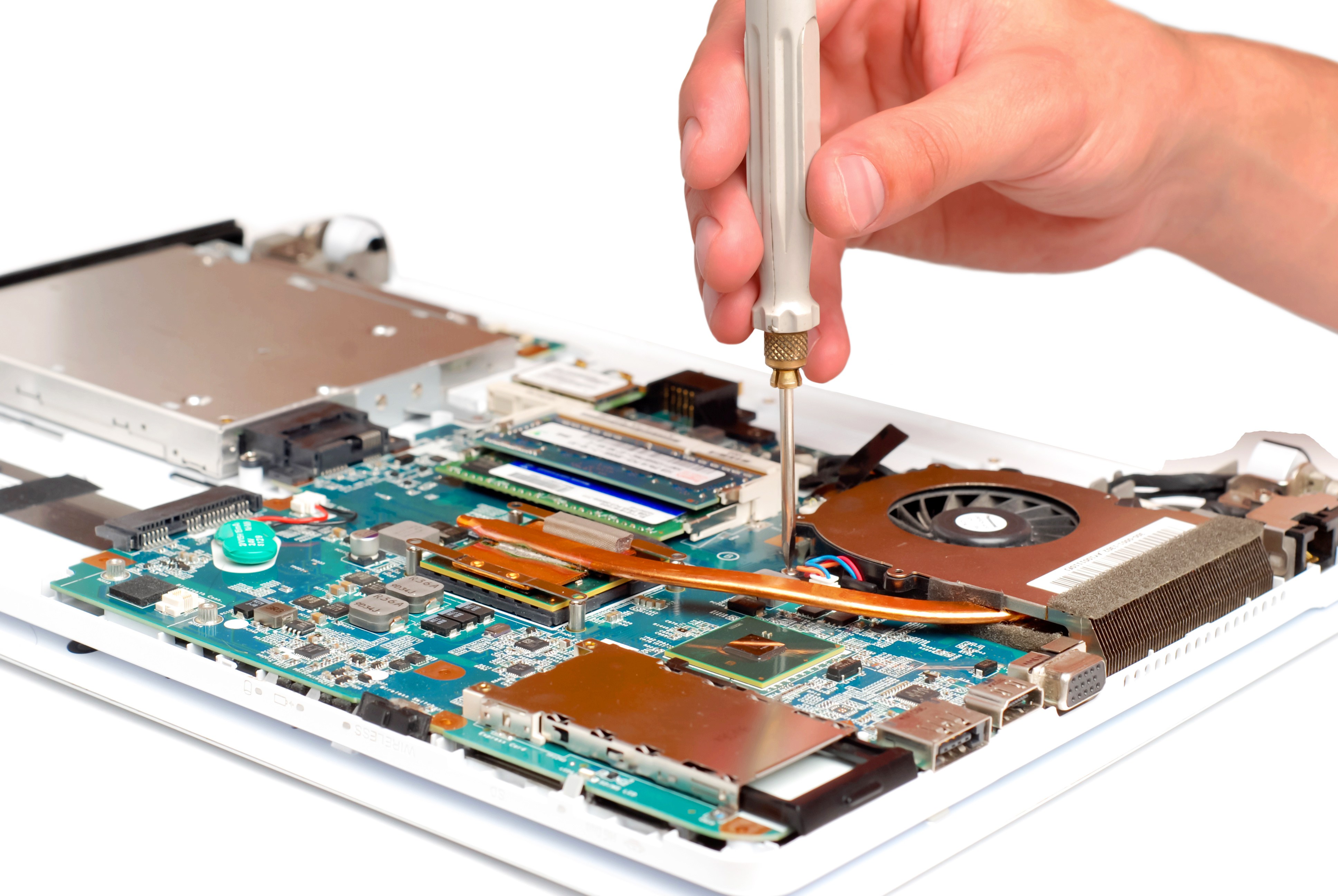 man repair laptop man repair laptop motherboard with screwdriver